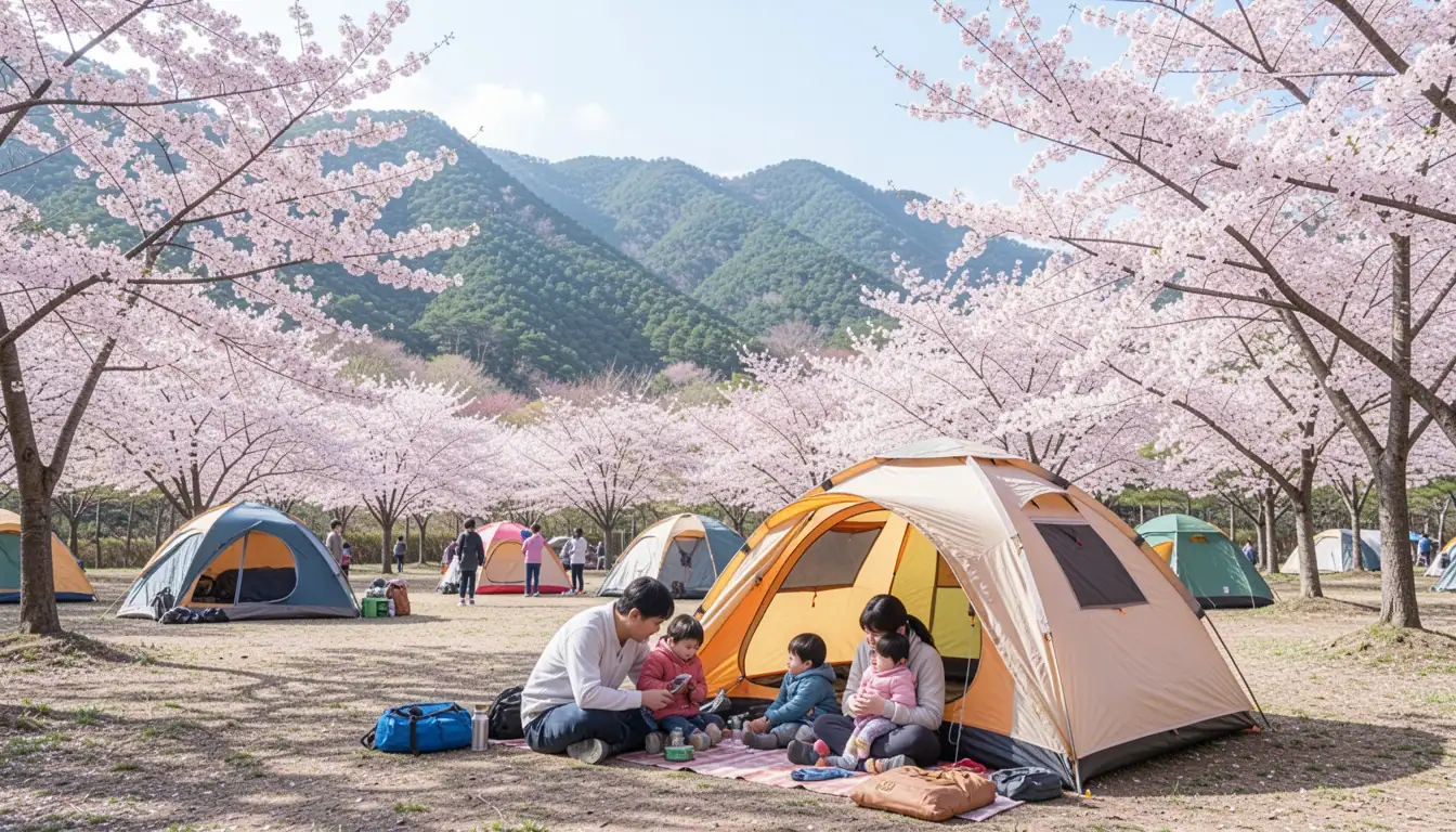 국립공원 캠핑장 예약 4월 봄 캠핑장 명당에 텐트 치고 있는 가족과 푸른 산과 벚꽃 나무