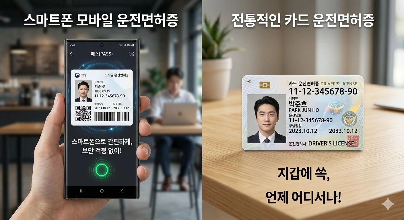 모바일IC 운전면허 선택하기 고민 중 카페 테이블 위에 일반 면허증과 스마트폰 모바일 운전 면허증 비교 사진입니다