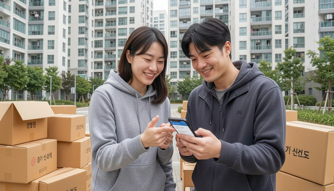 무주택자 내 집 마련 문자를 확인하며 환하게 웃는 30대 무주택자 부부이다