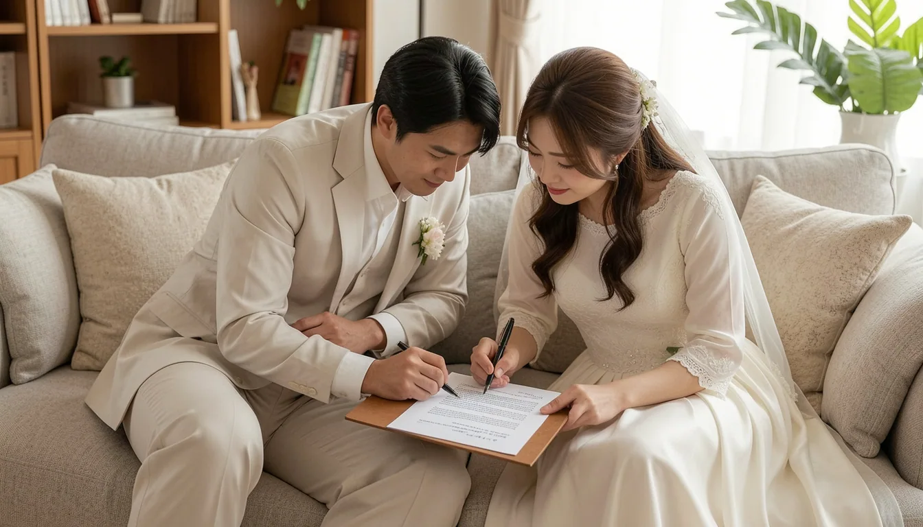 전셋집 묵시적 갱신 후 2년 더 사는지 신혼 부부 계약서를 확인하고 있습니다. 쇼파에 앉아서 차근차근 서류 검토합니다.
