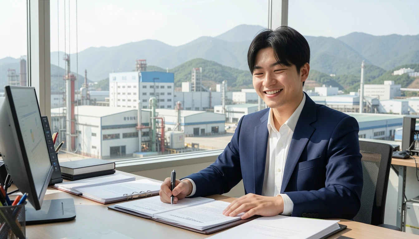비수도권 중소기업 정책자금 비수도권 산업단지 공장에서 정책자금 서류 검토하며 미소 짓는 젊은 기업 대표이다