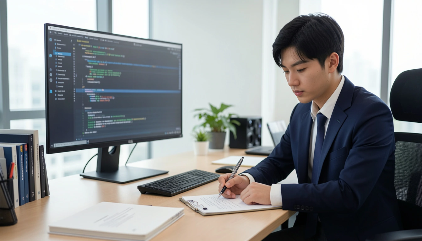 스마트서비스 기술기업 서류를 검토하는 젊은 IT CEO, 대형 모니터 옆에서 펜으로 메모한다