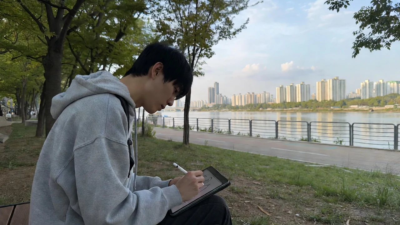 아이패드 드로잉 공부 중 남성이 한강 공원에서 애플펜슬로 드로잉 연습 중이다