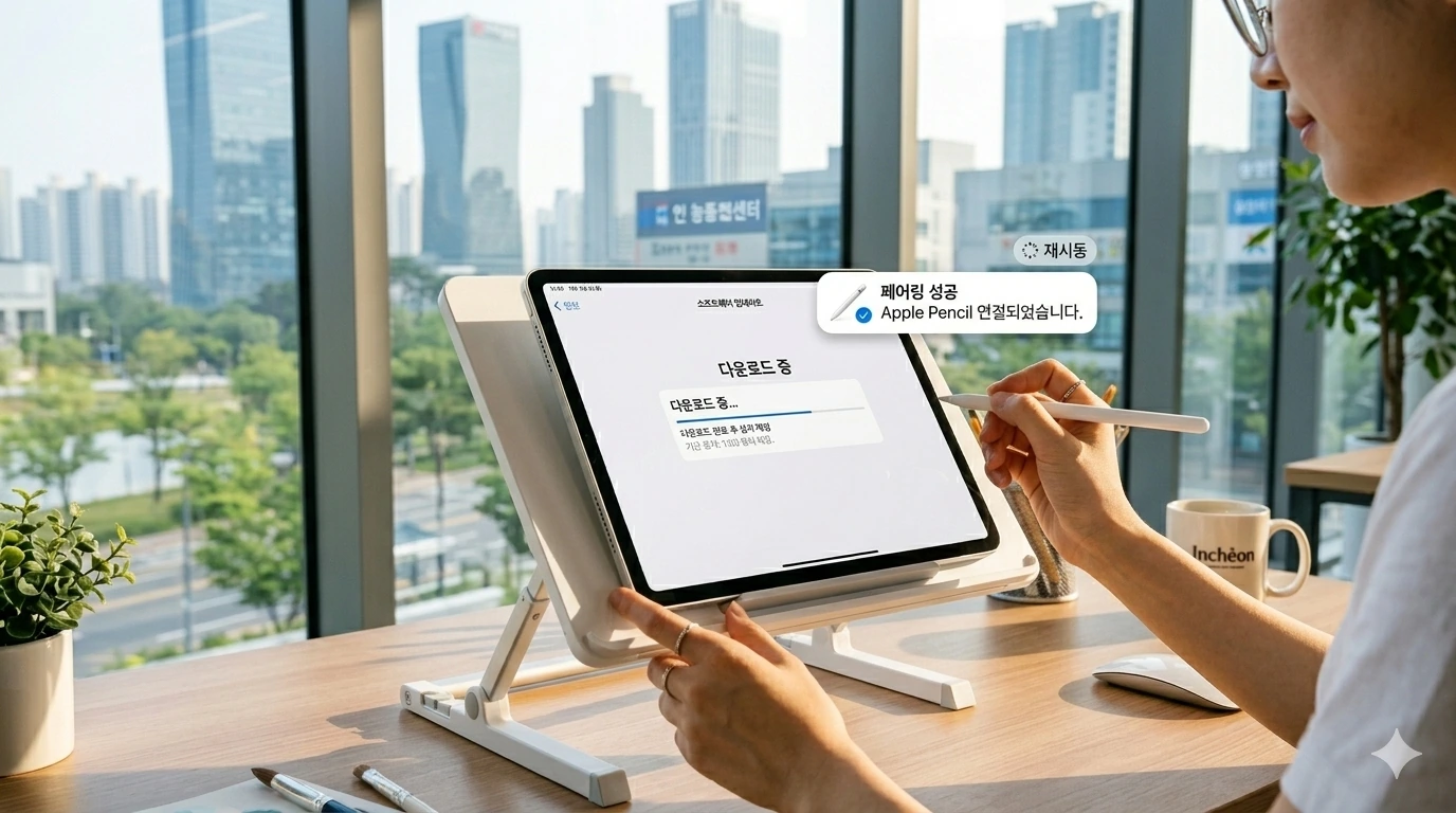 아이패드 애플펜슬 페어링 아이패드 화면에 iPadOS 소프트웨어 업데이트 다운로드 중인 모습과 애플펜슬 연결 상태 유지한다