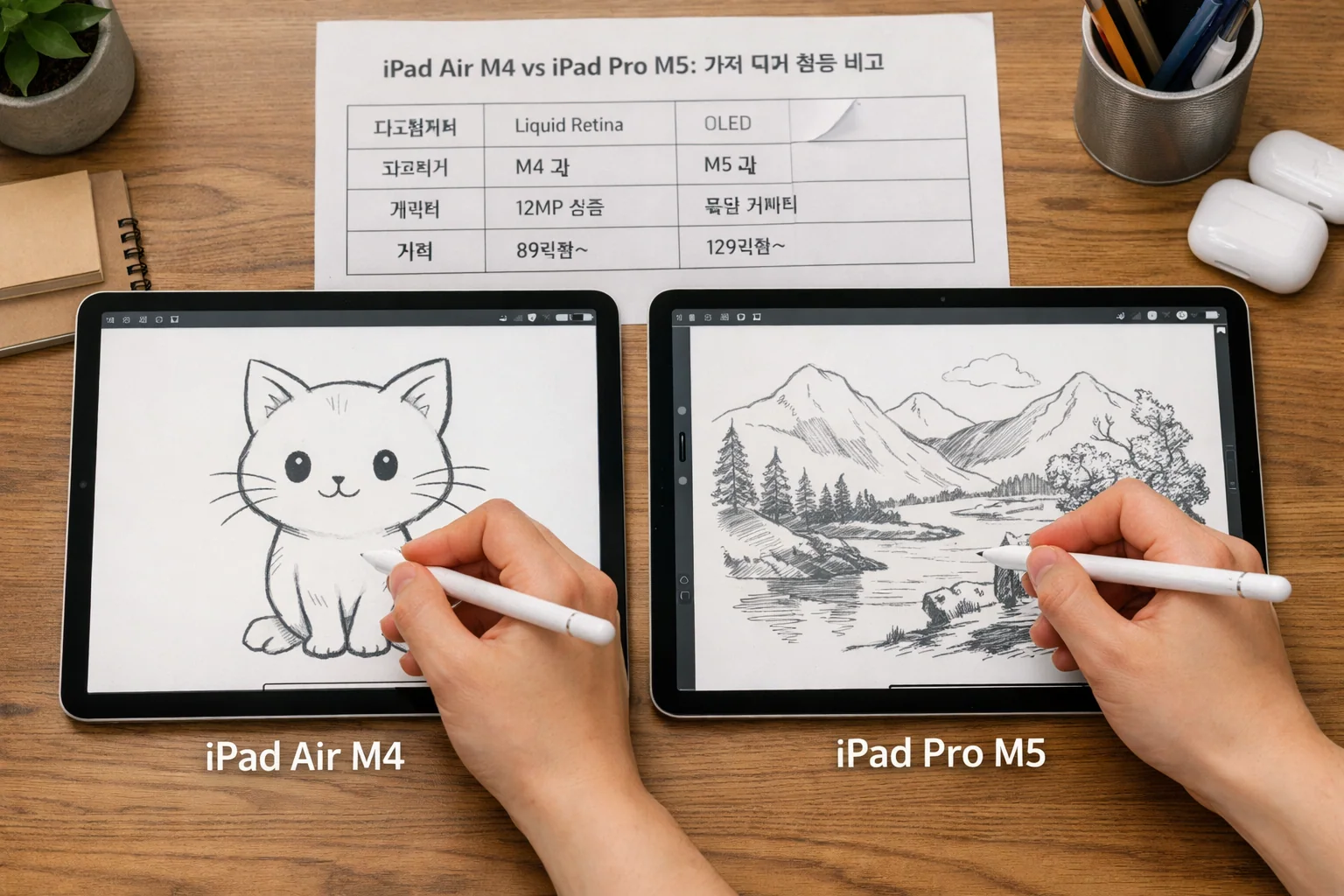 아이패드 에어 M4 VS 프로 M5 고민 중에 실제 두 모델을 테스트 한다. 애플펜슬 그림 그린다