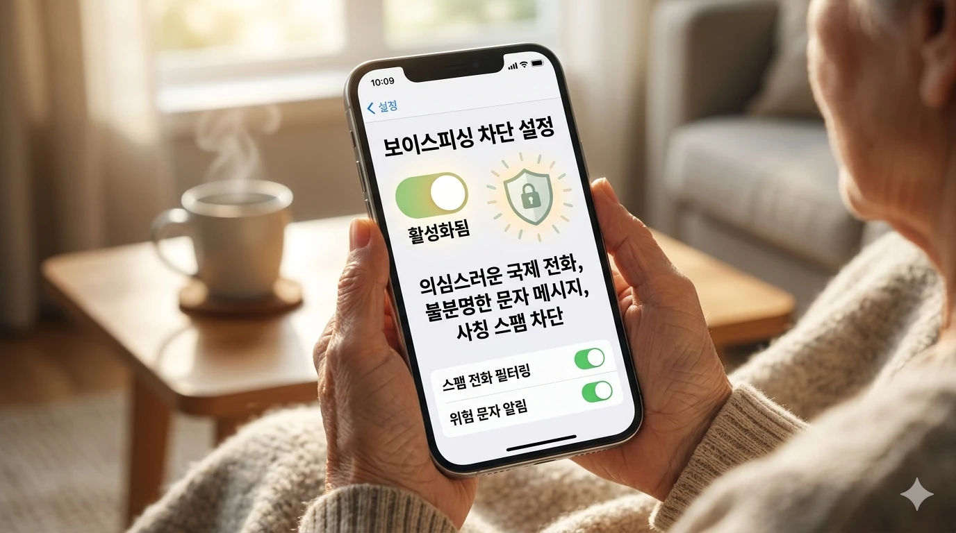 아이폰 글자 크기 설정으로 부모님께서 큰 글자로 스팸 차단 기능을 보고 있다. 쇼파에 앉아서 쉽게 차단한다