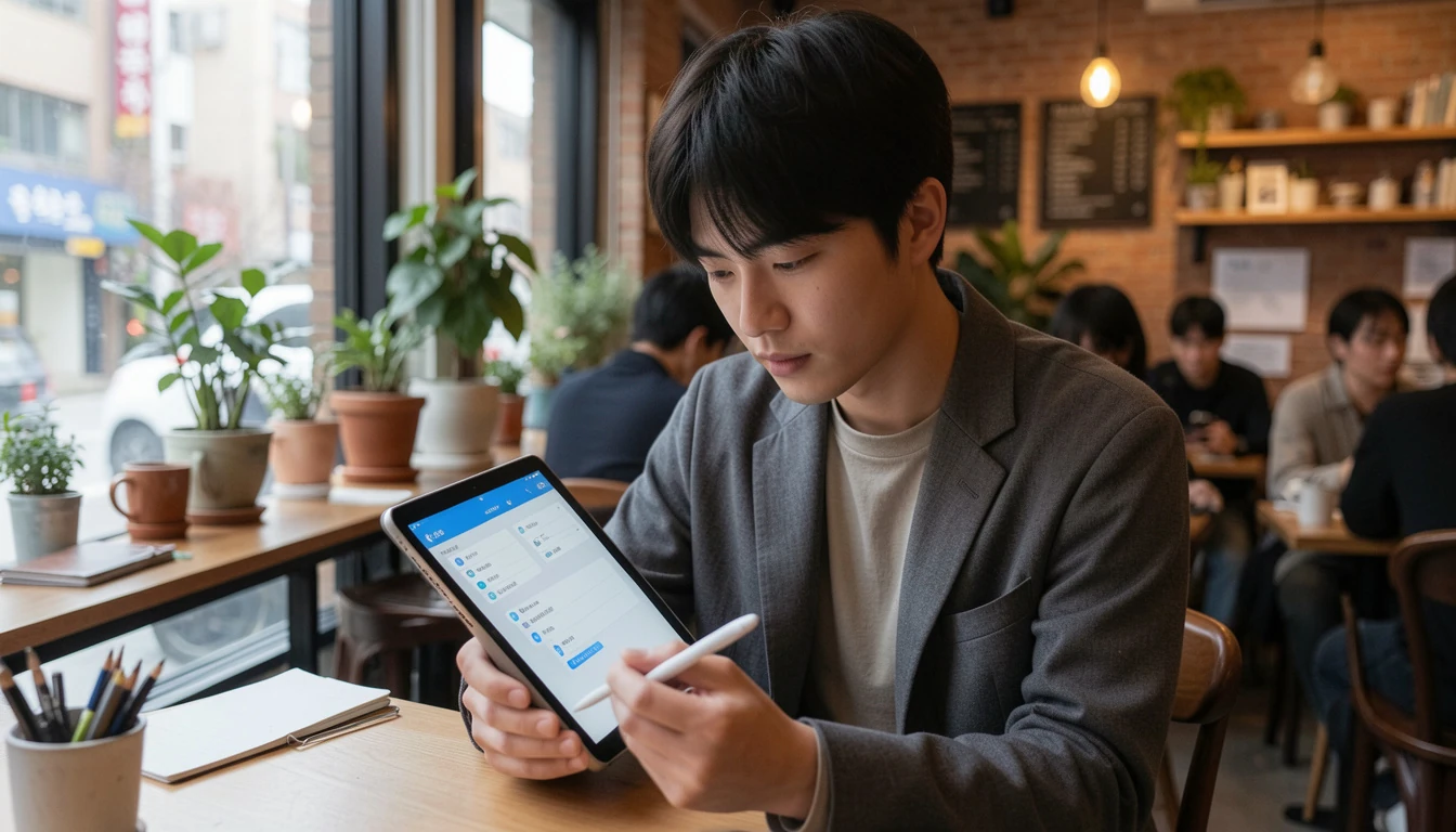 애플펜슬 페어링 오류 해결 아이패드와 애플펜슬을 들고 블루투스 설정 화면을 보며 문제를 해결하는 20대 디자이너이다