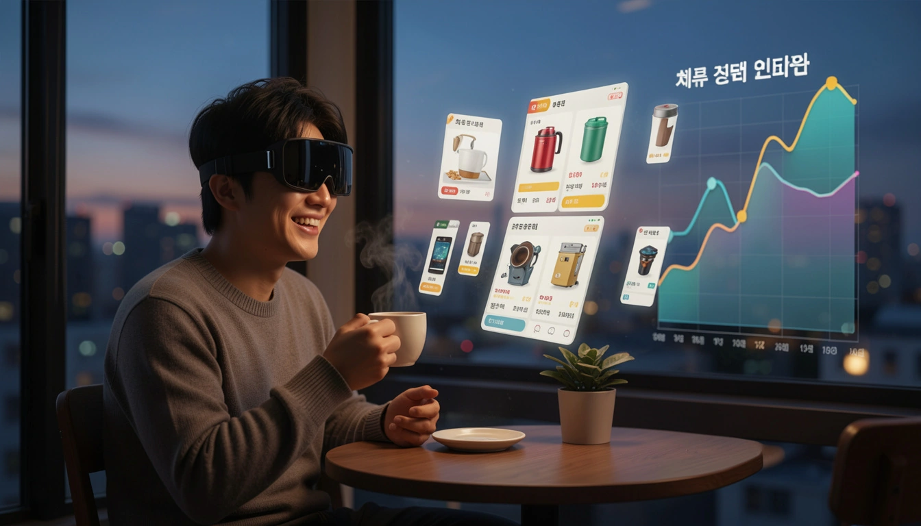 애플 비전OS 26 전용 앱 비전 프로를 착용한 사용자가 허공에 떠 있는 3D 제품 카탈로그를 시선으로 이리저리 돌려보며 즐거워하는 모습이다