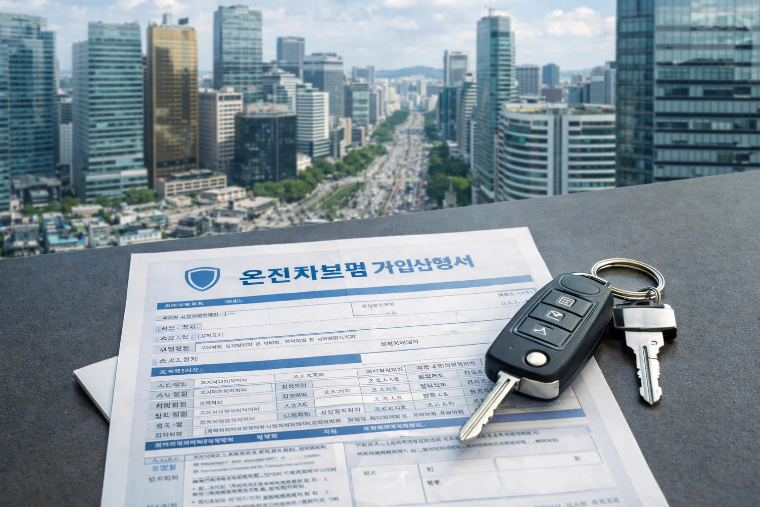 운전자보험 자동차보험 차이점 확인하는데 고층 빌딩 사무실에서 서류와 자동차 키가 보입니다.