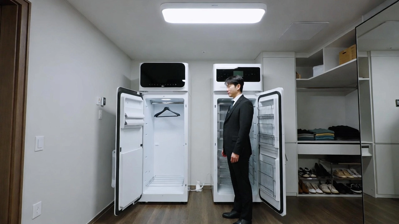 의류관리기 추천 2026 구매 전 여기저기 보면서 고민하는 남성이다. 집 안에서 확인 중이다