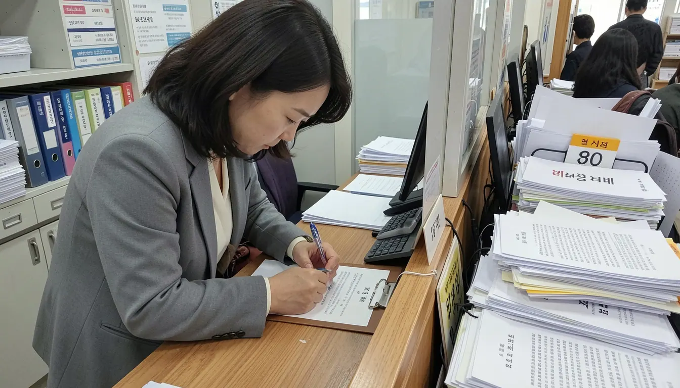이사 당일 전입신고 30대 여성, 창구 앞에서 펜으로 전입신고서류 작성한다