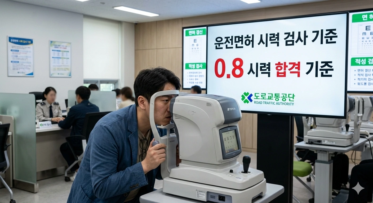 적성검사 시력 미달 검사 장비 측정하는 남성 운전면허 결과 판정 확인 중이다