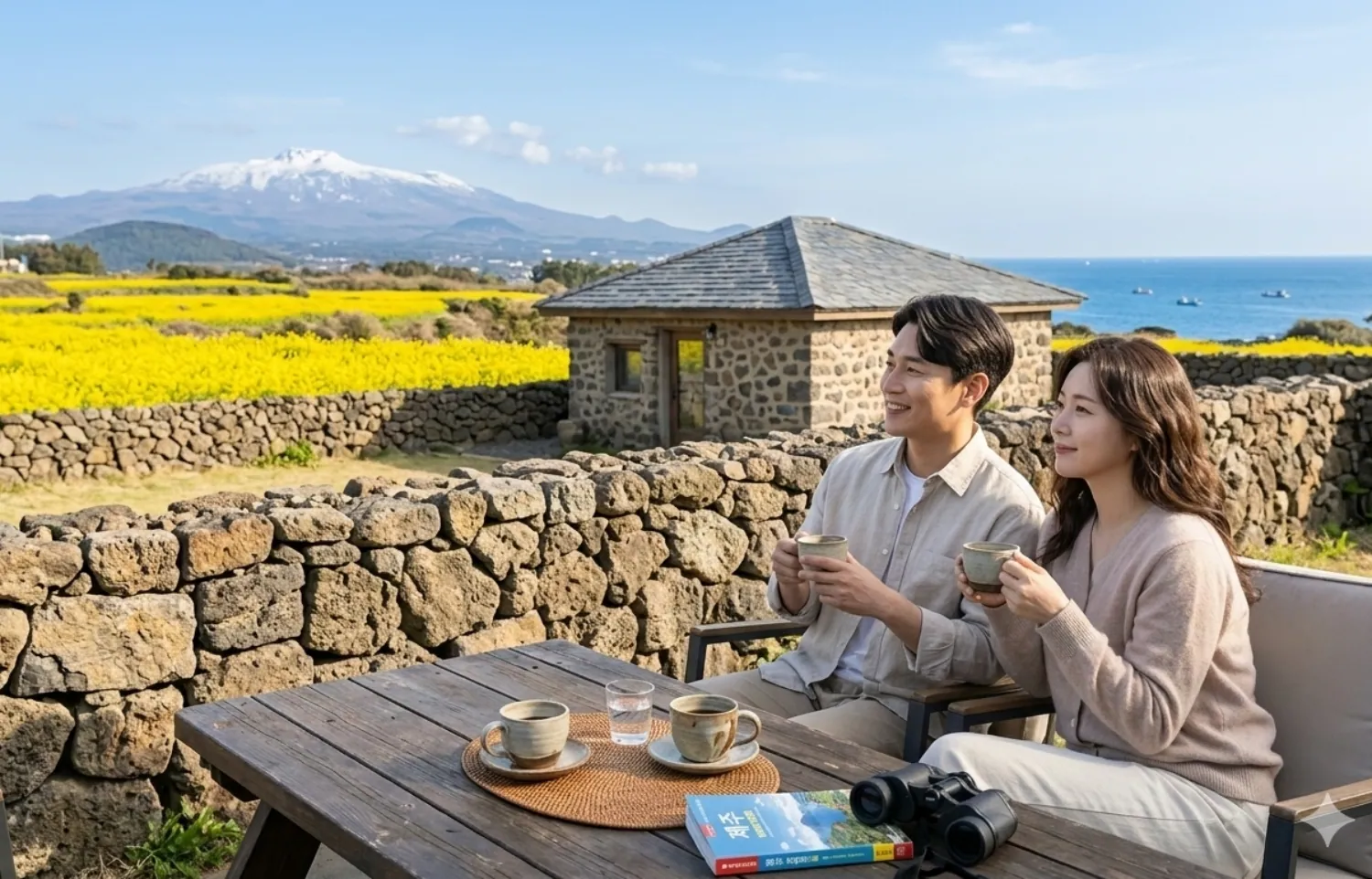 제주도 감성숙소 독채 부부 테이블에 앉아 차를 마시며 유채꽃을 바라고 있다.