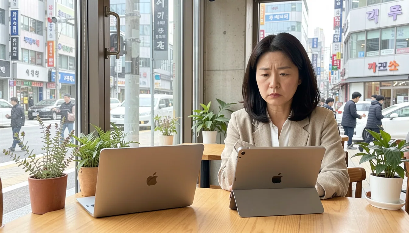 직장인 아이패드 프로 맥북에어 나란히 놓고 비교하는 여성이 카페에서 고민한다