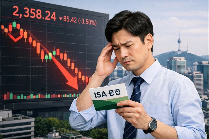 코스피 6000 붕괴 ISA 연금계좌 확인하는 직장인 남성이 회사 건물 옥상에서 통장을 보는 모습입니다. 뒤 배경으로 남산 타워가 멀리 보이고 있습니다.