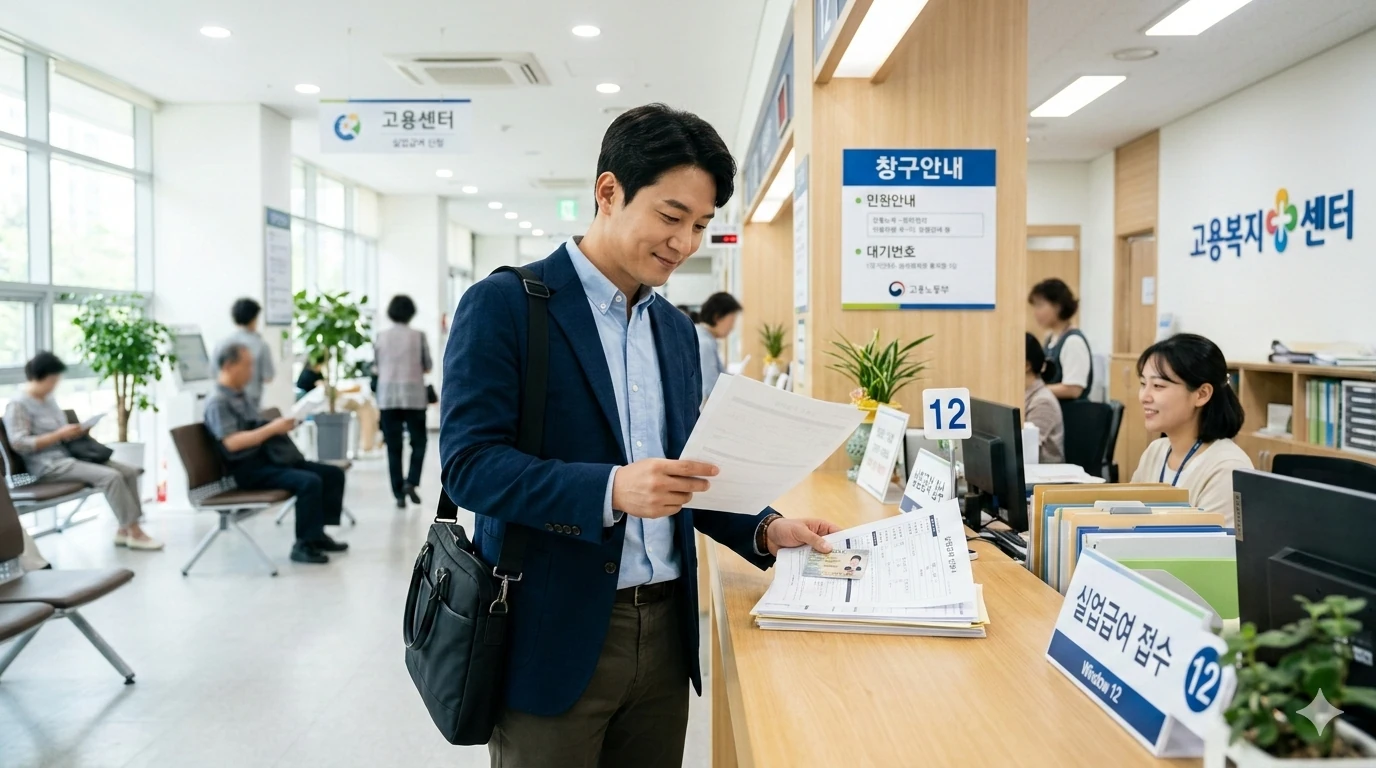 퇴직자 실업급여 조건 확인하는 남성이 창구 앞에서 서류, 신분증을 제출합니다. 고용센터 실업급여 현장 모습입니다.
