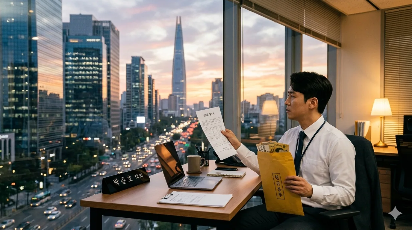 1년 미만 퇴사 전 사무실 강남대로 도로를 비추는 빌딩 불빛으로 30대 박대리는 퇴직금 봉토를 확인하는 모습입니다.