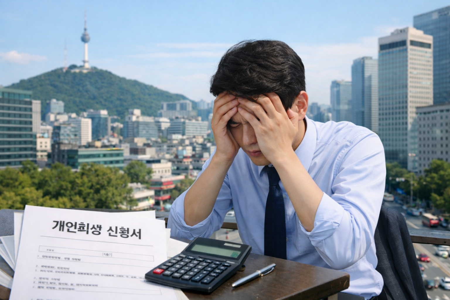 2026년 개인회생 변제금 계산 중 힘들어 하는 직장인입니다. 남산 타워가 보이는 종로 사무실입니디.
