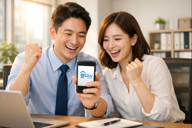 2026년 근로장려금 반기신청 자격 확인 중 30대 남녀가 자신이 반기 자격이 된다는 것에 사무실 책상에서 맥북 화면을 보고 좋아합니다.