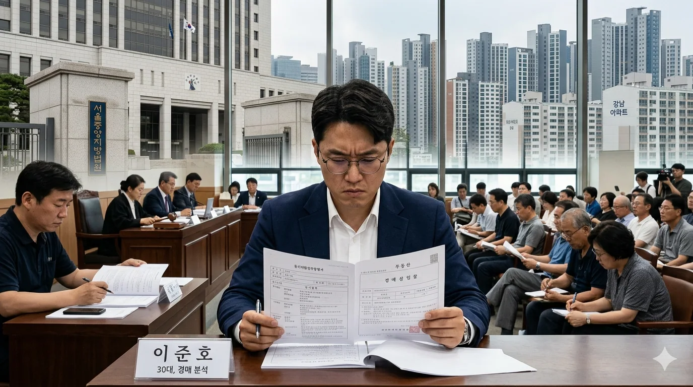 2026년 부동산 경매 배당 순위 법원 경매장에서 남성이 심각한 표정으로 권리 분석한다