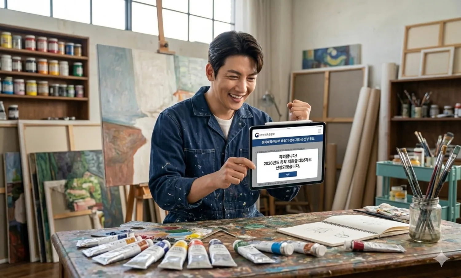 2026 예술인 고용보험 작업실에서 아이패드 창작지원금과 고용보험 통지서를 보고 혼자서 기뻐합니다. 근로장려금도 추가 신청합니다
