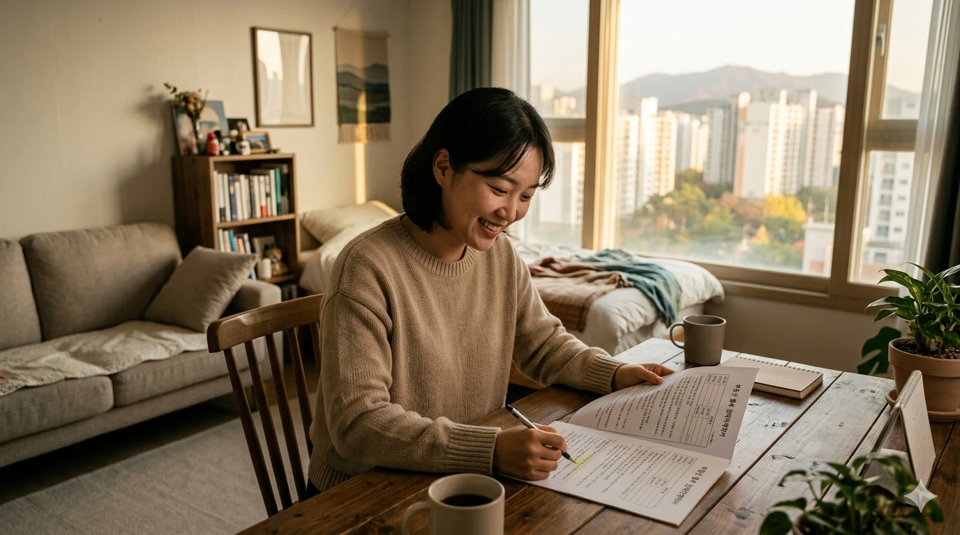 2026 월세 시대의 역습 임차인이 거실에서 부동산 계약 특약을 꼼꼼히 확인한다