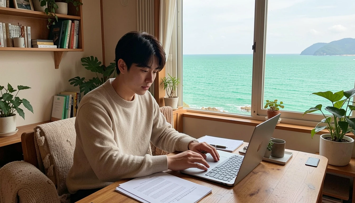 2026 제주도 청년 한달살기 제주 애월 해안도로 앞 감성 숙소에서 노트북으로 작업하며 지원금 서류를 검토하는 20대 청년이다