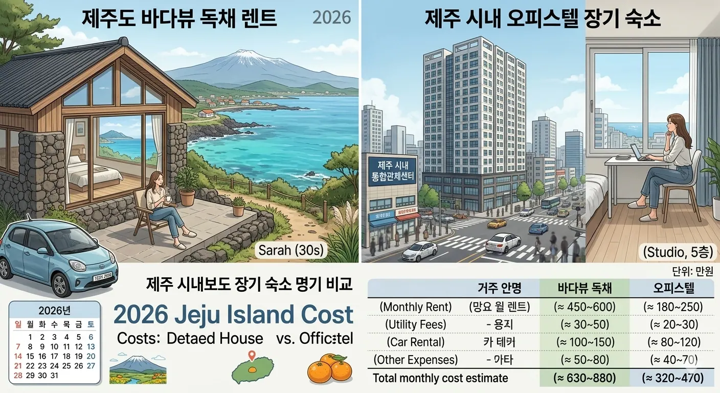 2026 제주도 한달살기 숙소 계획표를 일러스트 만들어 독채와 장기 숙소 이미지 이다.
