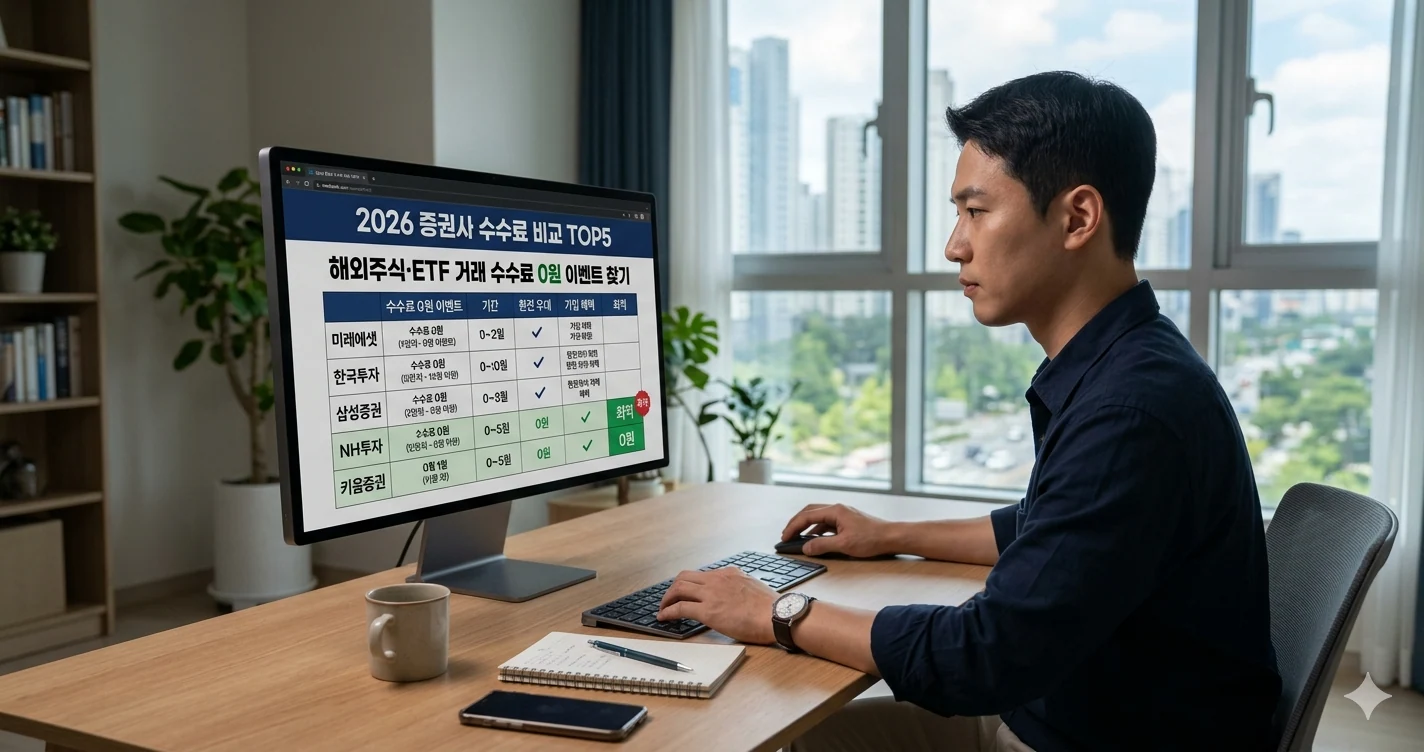 2026 증권사 수수료 비교 30대 직장인이 맥북 모니터로 검색하고 있다