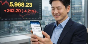 2026 발행어음형 CMA 코스피 6000 지수 붕괴 후 남성 투자자가 현금 확보를 보고 안심하고 주식 투자를 이어나가는 모습입니다. 사무실 벽면에 코스피 지수를 볼 수 있다