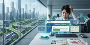 2026 운전면허 갱신 기간 지나 과태료 납부 확인 직장인 남성이 컴퓨터와 고지서를 확인한다