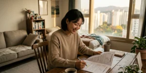 2026 월세 시대의 역습 임차인이 거실에서 부동산 계약 특약을 꼼꼼히 확인한다