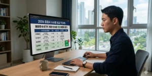 2026 증권사 수수료 비교 30대 직장인이 맥북 모니터로 검색하고 있다