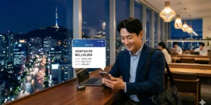 2026 플랫폼 종사자 실업급여 신청 후 남산 타워 카페에서 아이폰17으로 확인하고 입금 완료에 프리랜서 남성이 좋아하는 모습입니다.