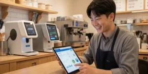 2026년 AI 디지털 전환 태블릿 PC로 AI 상권 분석 데이터를 확인하며 흐뭇하게 웃고 있는 젊은 소상공인 사장님이다