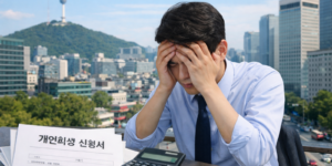 2026년 개인회생 변제금 계산 중 힘들어 하는 직장인입니다. 남산 타워가 보이는 종로 사무실입니디.