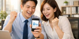 2026년 근로장려금 반기신청 자격 확인 중 30대 남녀가 자신이 반기 자격이 된다는 것에 사무실 책상에서 맥북 화면을 보고 좋아합니다.