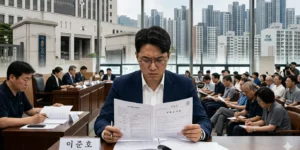 2026년 부동산 경매 배당 순위 법원 경매장에서 남성이 심각한 표정으로 권리 분석한다