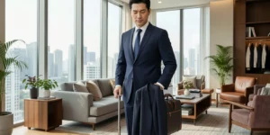 LG 스타일러 NEW 5벌형 정장 직장인이 스타일러에 노트북 가방 옆에 매무새 다듬은 재킷 넣는 세련된 거실이다