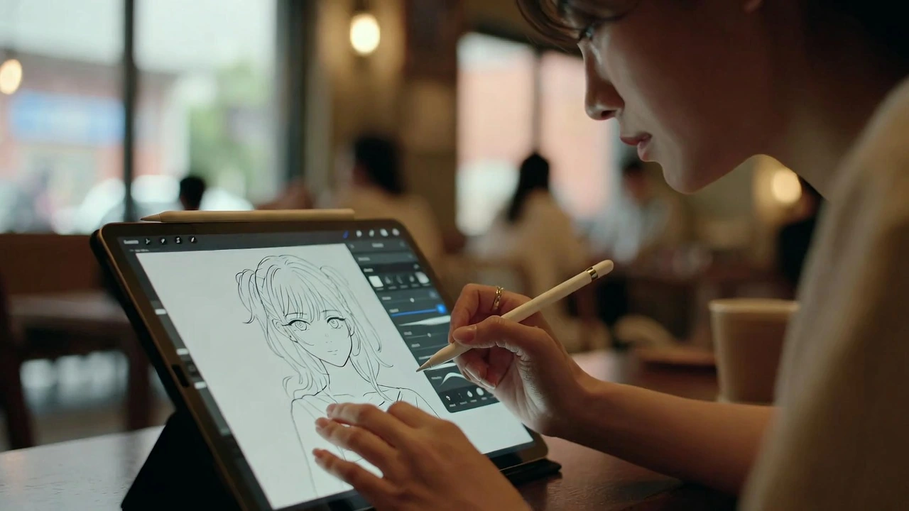 Procreate 브러시 설정 앱 압력을 조절해서 여성 작가 분이 카페에서 그림을 그리고 있다.