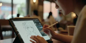 Procreate 브러시 설정 앱 압력을 조절해서 여성 작가 분이 카페에서 그림을 그리고 있다.
