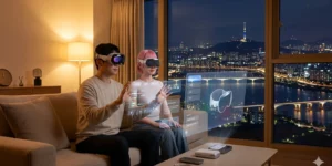 가상 인간 인플루언서 따뜻한 조명의 거실에서 사용자가 비전 프로를 쓰고 가상 인플루언서와 함께 나란히 앉아 신상 디지털 기기를 조작하며 대화한다
