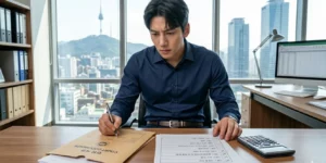 개인회생 서류준비 법원 제출하기 위해 남성이 사무실에서 계산하고 작성하는 모습입니다. 책상 위에 컴퓨터, 서류, 계산기가 보입니다,