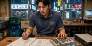 개인회생 절차비용 마포구 홍대에서 자영업자 대표님이 장사 전 테이블에서 서류 작업하는 모습입니다.
