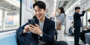 갤럭시 S26 무이자 14개월 출퇴근 지하철 안에서 남성이 갤럭시 울트라 구매 후 너무 신이 난 모습입니다. 깔끔한 정장과 손목 시계를 찬 샐러리맨입니다.