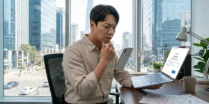 구글 계정 비밀번호 복구 시도하는 남성이 사무실에서 맥북 프로와 아이폰을 갖고서 심각하게 처리 중이다