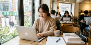 맥북 대학생 과제 리포트 작업하는 여대생이 신촌 카페에서 맥북 에어로 수업을 정리한다
