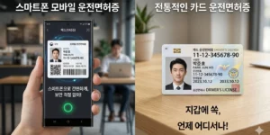 모바일IC 운전면허 선택하기 고민 중 카페 테이블 위에 일반 면허증과 스마트폰 모바일 운전 면허증 비교 사진입니다