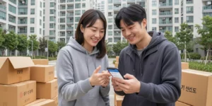 무주택자 내 집 마련 문자를 확인하며 환하게 웃는 30대 무주택자 부부이다