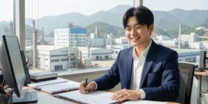 비수도권 중소기업 정책자금 비수도권 산업단지 공장에서 정책자금 서류 검토하며 미소 짓는 젊은 기업 대표이다